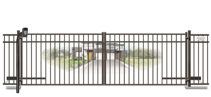 Metal swinging estate gate in closed position