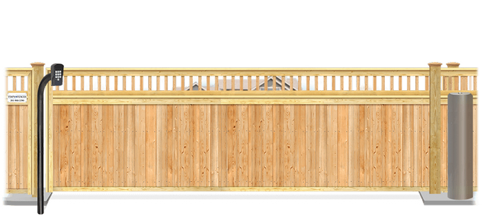 Wood sliding estate gate in closed position