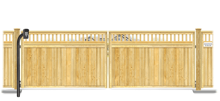 Wood swinging estate gate in closed position