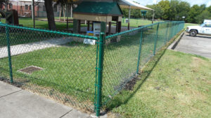 A green chain link fence.